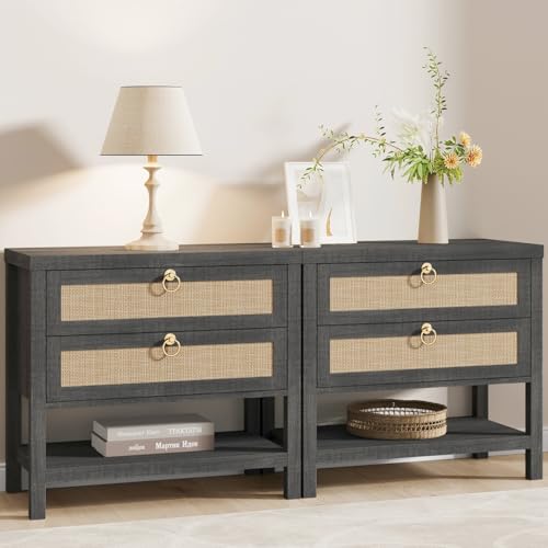 Image of Eclatara Large Rattan Night Stand Set of 2: Boho Nightstand with Drawers and Storage Shelf, Black Oak Bedside Table End Table Side Table for Bedroom(Black Oak,2 Pieces)