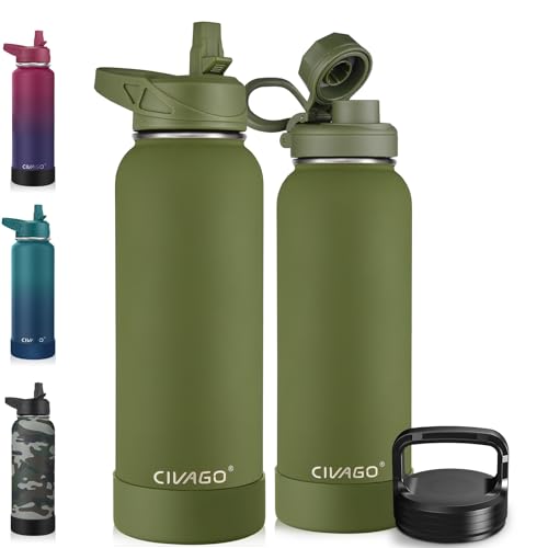 Image of CIVAGO 40 oz Insulated Water Bottle With Straw, Stainless Steel Sports Water Cup Flask with 3 Lids (Straw, Spout and Handle Lid), Double Walled Travel Thermal Canteen Mug, Army Green