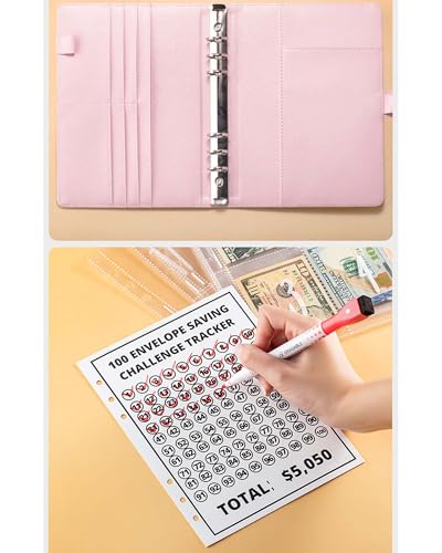 JEJA 100 Ordner Saving Challenge, Budget Planner, sparen 5050€, Sparbuch für Geld Sparen Challenge, Budgetblättern, Etikettenaufklebern, löschbarer Stift, Dunkelgrün