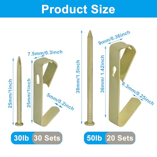 Image of Hordion 100pcs Picture Hanging Kit - 30lb, and 50lb Picture Hooks Metal Picture Hangers with Nails for Drywall Wooden Wall(Golden)