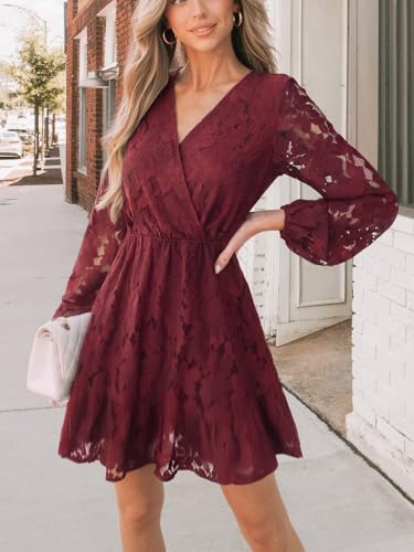 Image of CUPSHE Women Elegant V Neck Lace Peasant Sleeve Mini Summer Dress Elastic High Waist A Line Casual Wedding Guest Dress