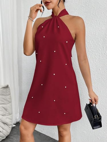 Image of Floerns Women's Pearl Beaded Halter Twist Sleeveless Tie Back Dress A Line Dress