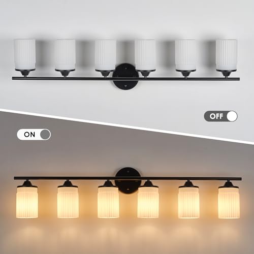 Image of Jonsi Black Bathroom Light Fixtures 6-Light Vanity Lights Modern Wall Sconce with Milk White Shade Brushed Brass Bathroom Light Fixture Over Mirror for Bedroom Hallway Kitchen