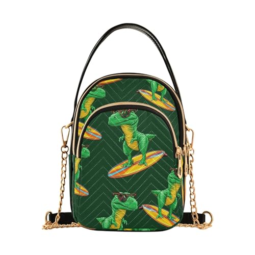 Women Shoulder Handbag Quilted Phone Wallet Chain Strap Purse Cartoon Zipper Lady Crossbody Bag Cool Green Dinosaur