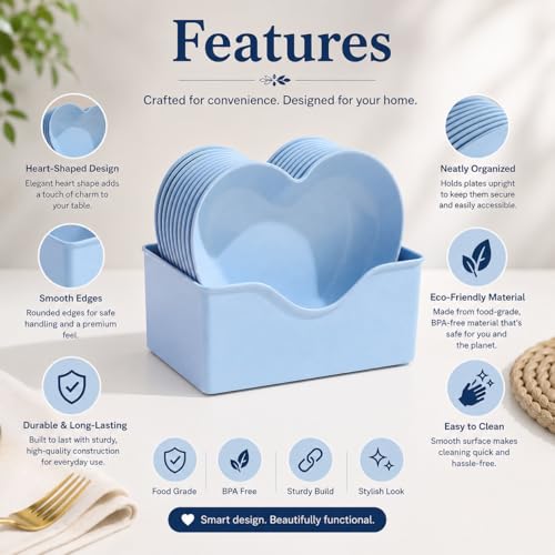 Image of DEVAR Plastic Heart Shape Snack & Dessert Plate Set for Kids with Stand | Lightweight, Eco-Friendly & Microwave Safe Chat Plates | Wheat Straw Fiber | Set of 10 (Blue)