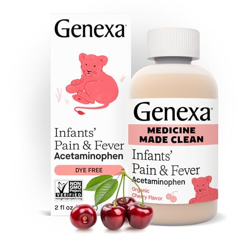 Image of Genexa Infants’ Clean Pain & Fever Acetaminophen, Dye Free, 0% Artificial Additives, Delicious Organic Cherry Flavor, Liquid Oral Suspension Medicine for Baby, 160 mg per 5mL, 2 fl oz