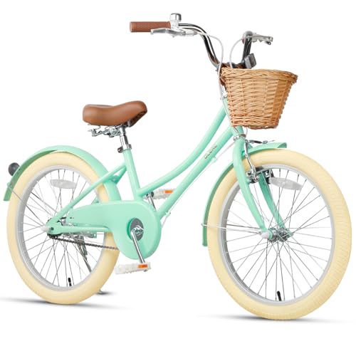 Glerc 20 Pulgadas Niños Niñas Bicicleta para 7 8 9 10 11 12 13 Años Niñas Retro Estilo Vintage Bicicletas con Cesta Ruedas de Entrenamiento y Campana, Vert Menthe