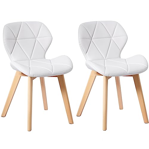 Image of Charles Jacobs Set of 2 Diamond Patterned Dining Chairs with Beech Wood Legs - White Faux Leather