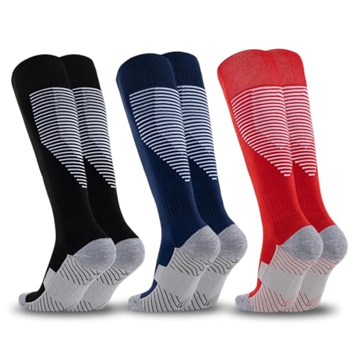 Fiohiros 3 Pairs Football Socks Men Women, Knee High Compression Sports Socks, Thick Cushioned Soccer Running Training Socks, Breathable Athletic Socks (Black+Blue+Red)