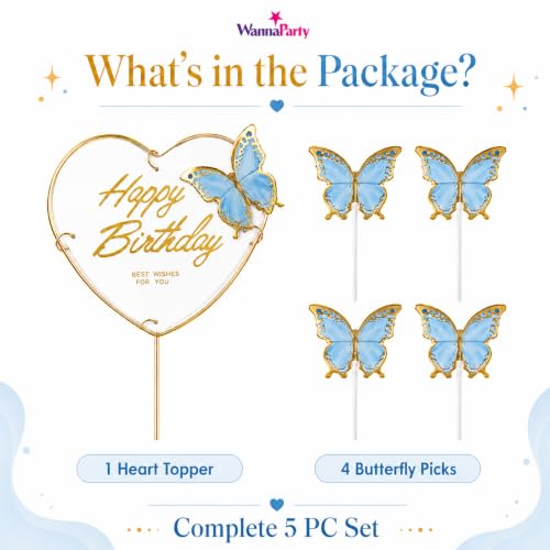 Image of Wanna Party Happy Birthday Cake Topper with Blue Butterflies, 5 Pcs Butterfly Cake Decoration Set for Birthday Cake, Cupcake, Dessert Table, Party Decor & Celebration Supplies