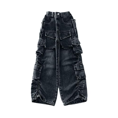 Girls Baggy Cargo Jeans Vintage Washed High Waist Wide Leg Streetwear Style Denim Pants for Kids 5-16Y