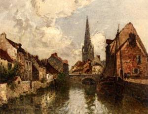 Peinture à l'huile originale Along The Canal par Frank Myers Boggs, grand tableau 30x36