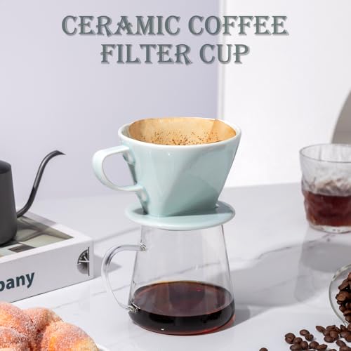 Image of Pour Over Coffee Dripper, Ceramic Pour Over Coffee Maker, Green | 3 Holes Flat Bottom, Easy Manual Brew Maker, Porcelain Slow Filter Cone for Travel, Camping, Office, Home