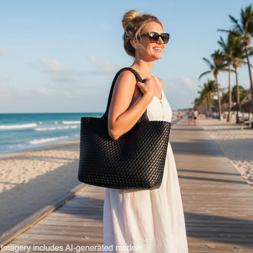 Bolso Tote tejido para mujer de cuero vegano con clutch desmontable miniatura 4
