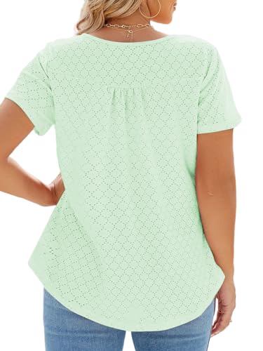 Image of VISLILY Womens-Plus-Size-Summer-Tops Buttons Up Henley Shirts Flowy Pleated Tunics Trendy Eyelet Short Sleeve Blouses