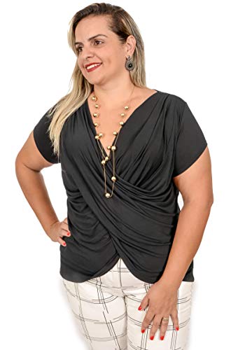 BLUSA FEMININA MANGA CURTA TRANSPASSADA COM DECOTE PLUS SIZE PRETA (G3)