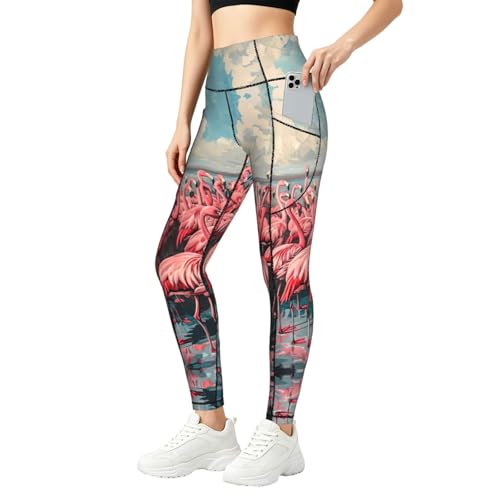 Pantalones de yoga con flamencos para running y entrenamientos activos con bolsillos prácticos