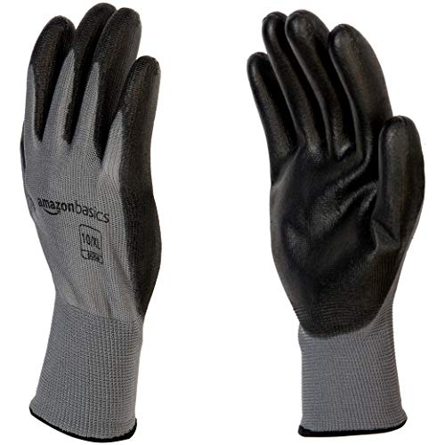 AmazonBasics Polyurethane Coated Work Gloves, Polyester Liner Fiber, Touch Screen, Grey, Size 10