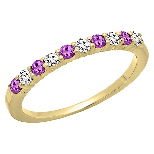 DazzlingRock Collection Banda de boda para mujer, oro amarillo de 18 quilates, amatista redonda y diamante blanco, apilable (talla 6)