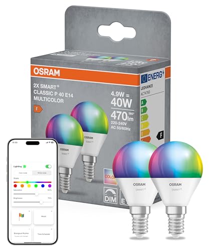 OSRAM SMART+ Goccia RGB (confezione da 2, E14, 9W) – 16M colori – da 2700 a 6500K – Matter via Wi-Fi – Alexa, Google, Apple