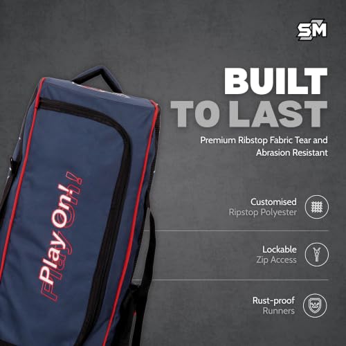 Image of SM Rise Cricket Kit Bag with Wheels | Wheelie Cricket Bag | Premium Ripstop Fabric | Heavy-Duty Wheel System | Separate Bat Pocket | Lockable U-Zip | Rust-Proof | Easy Transportation Cricket Bag