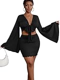 LYANER Women's 2 Piece Outfits Tie Knot Front Bell Long Sleeve Crop Top and Mini Skirt Set Black Small