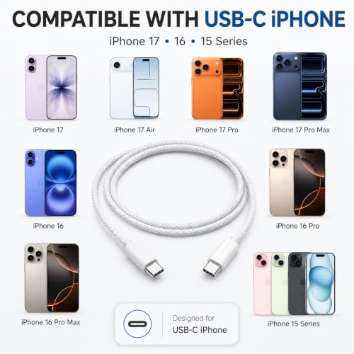 Image of Novobit Apple Certified Type-C to Type-C Charging Cable, PD 60W Fast Charging, Braided, Compatible with iPhone 17 /17 Air /17 Pro Max, 16 /16 Pro Max, 15 Series, iPad, MacBook & Other USB-C Devices, 1M
