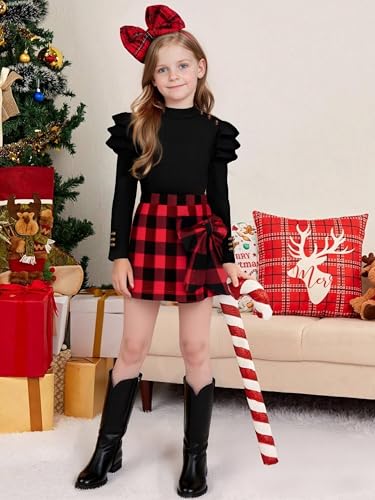 Image of Girls Clothes 2 Piece Ruffle Long Sleeve Shirt Top and Bow Plaid Skirt Set Girls Fall Winter Outfits 6-16 Years