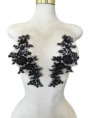 Handmade Bodice Rhinestones Applique Sewing Glass Beads Stones Crystal Trim Lace Patches for Dress Clothing Accessories 1pair/Bag 3.1X9.4inches (Black)