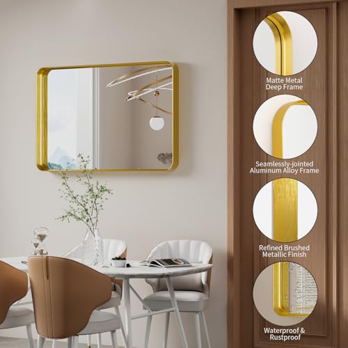 Image of Koonmi Gold Bathroom Mirror, 24x35 Shatterproof Wall Vanity Mirror