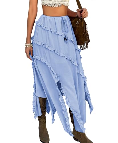 Flowy Maxi Skirt Summer Drawstring Elastic Asymmetrical Ruffle Tiered Slit Hem Waist Long Skirts