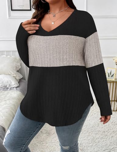Image of Koscacy Women Plus Size Casual Knit Sweater V Neck Solid Color Tops Lightweight Long Sleeve Blouses