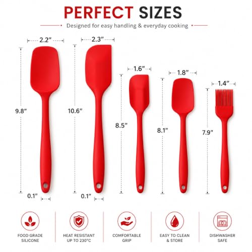 Image of Achintya 6-Piece Silicone Spatula Set | Heat Resistant Non-Stick Kitchen Utensils for Baking & Cooking | Flexible Rubber Scrapers, Basting Brush & Icing Spatulas for Mixing (Red)
