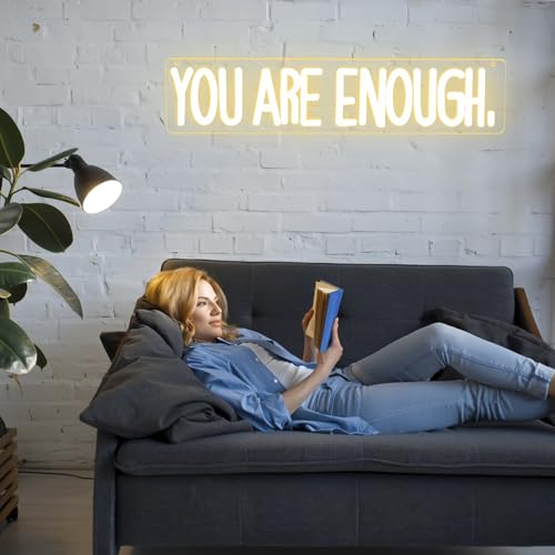 Image of You Are Enough Neon Sign Dimmable Neon Signs for Wall Decor Affirmation LED Signs USB Neon Light Up Sign for Bedroom Living Room Reading Room Classroom Book Party Library Decoration for Women Men Kids