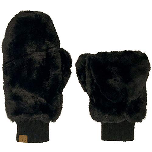 CC Soft Faux Fur Fuzzy Lined Flip Up Down Top Fingerless Mitten Gloves (Solid Black)