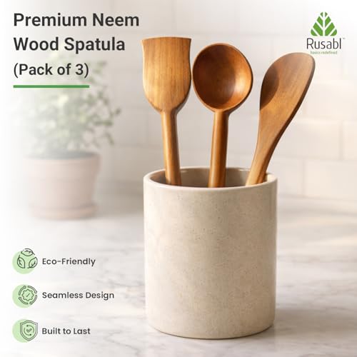 Image of Rusabl Pack of 3 Neem Wood Spatula, Ladle & Palta with Comfortable Grip | Seamless Design for Non Stick Cookware for Cooking, Baking, Mixing