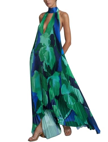 GGUHHU Womens Color Block Floral Maxi Halter Dress Hollowed V-Neck Backless Accordion Beach Dresses