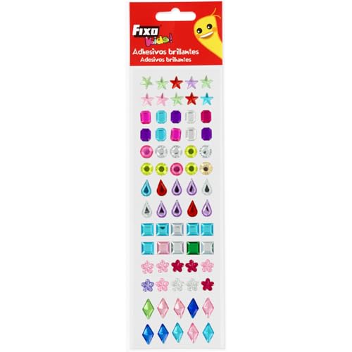 Fixo Kids | 70 Pegatinas Decorativas Brillantes 2 | Colores y Formas Surtidas | Estrellas, Gotas, Cuadrados, Flores, Diamantes Cristal | Ideal para Manualidades Infantiles y Accesorios Festival