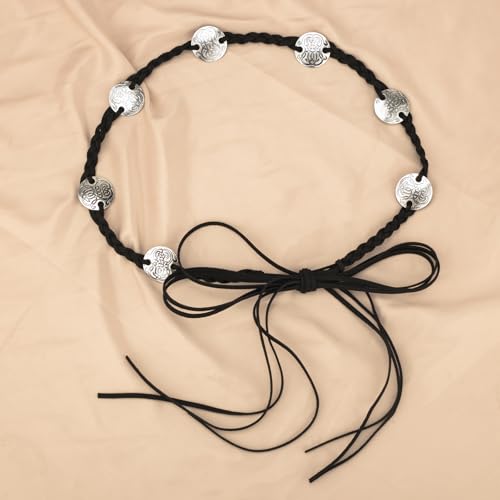 ILuvatar Women's Black Metal Wide Belt with Tassel Knot - Bohemian Rope Braided Waist Accessory featuring Silver Ring Metal Decorations - One Size3