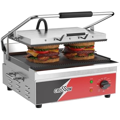 CROSSON 15"×11" Ribbed ETL Listed Commercial Electric Panini Grill,Hinged Auto Leveling Top Plate Panini Press Sandwitch Maker Cover