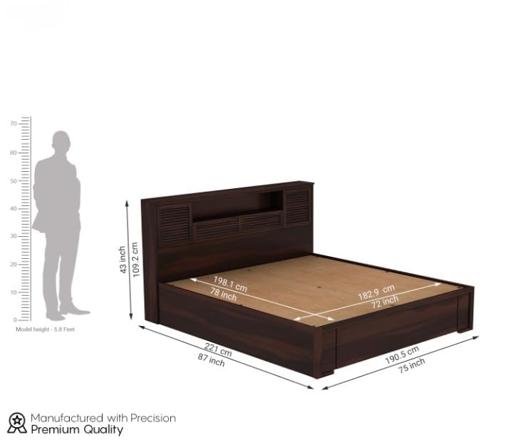 Image of Solid Wood Bed with Storage | Modern Wooden Bed with Slatted Headboard | Strong & Durable Bed Frame for Bedroom Home & Hotel (Walnut Finish, King)
