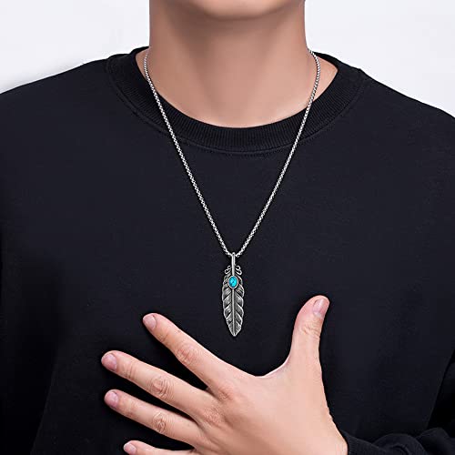 Mens Turquoise Feather Necklace Titanium Steel Vintage Silver Simple Punk Gothic Emo Fashion Hippie Long Leaf Pendant Necklace Jewelry Gift for2
