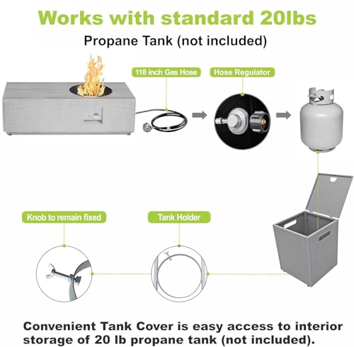 48" Rectangular Propane Gas Fire Pit Table with Round Burner – 50,000 BTU Fire Pit Table with Lid, Rocks, Cover and Tank Storage – Outdoor Table with Fire Pit (Light Grey, 48" Standard)