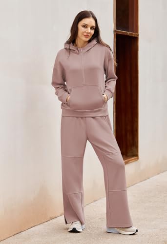 Pink Queen Women's 2 Piece Lounge Sets Half Zip Hooded Sweatshirt and Wide Leg Sweatpants Sweatsuit Tracksuit Matching Set2