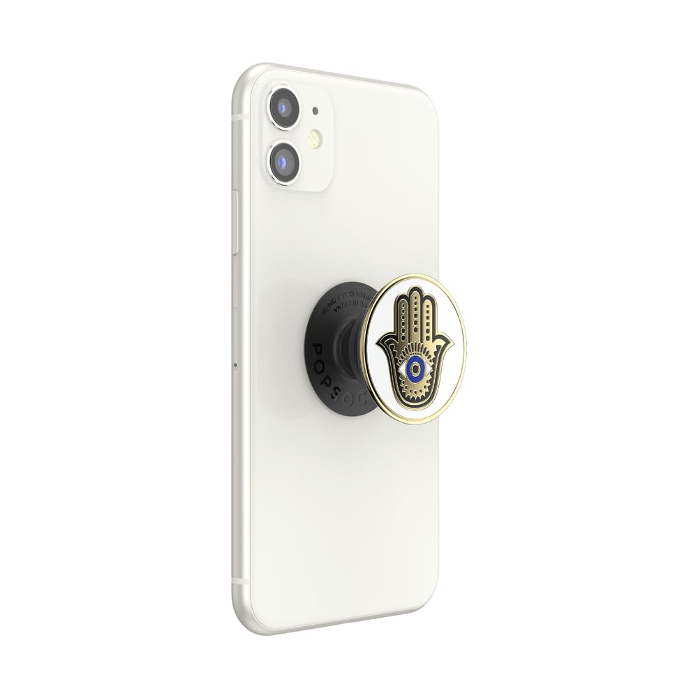 PopSockets Uchwyt na telefon z rozszerzającą się podpórką, emaliowana ręka Hamsa, biały