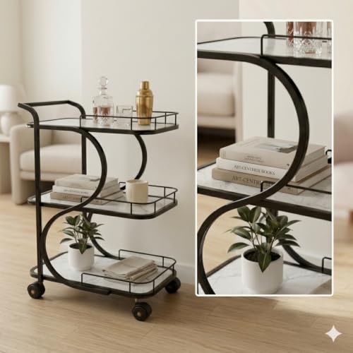 Image of Serving Trolley with Wheels for Home, Tea Food Drinks Serving Kitchen Trolley Restaurant, Hotels,Dining Room bar cart with Wheels (White-Black)
