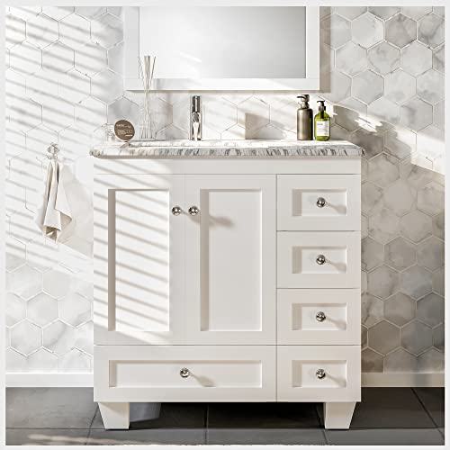 Eviva Happy 30" X 18" Transitional 30 Inch Bathroom Vanity - Bathroom Sink Cabinet With White Carrara Marble Counter-Top - 30 Inch Bathroom Vanity With Sink - 18 Inch Bathroom Vanity With Sink #TOP21