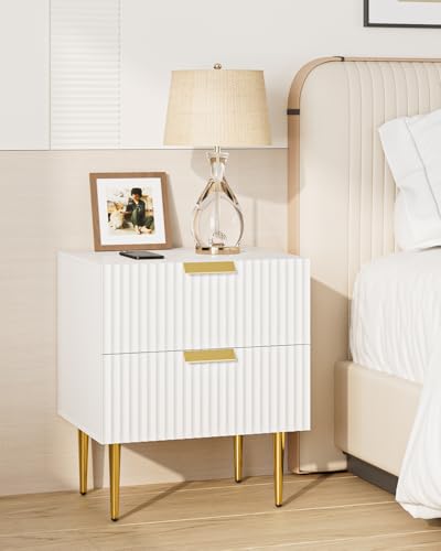 HEYZOEY Mesita de noche blanca, mesita de noche de madera, mesitas de noche con 2 cajones y patas doradas, mesita de noche muebles para dormitorio, salón, 50 x 40 x 60 cm
