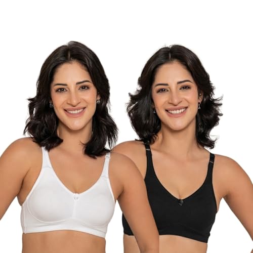 Image of INKURV Seamless Non-Padded Bra for Women | Non-Wired Cotton Full Coverage T-Shirt Bra | Thin Adjustable Straps | Double Layered Cups | Anti Sag Lift Up Support | Luna Combo of 2