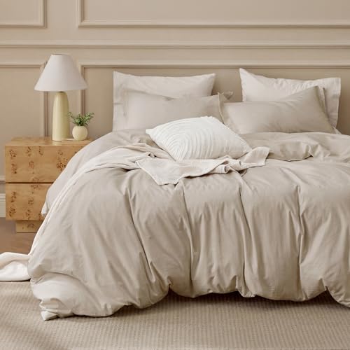 Bedsure 100% Washed Cotton Duvet Cover Queen Size - Oatmeal Minimalist Cotton Duvet Cover Linen Like for All Seasons - GentleSoft™ Plain Simple Bedding (Oatmeal, Queen, 90'x90')